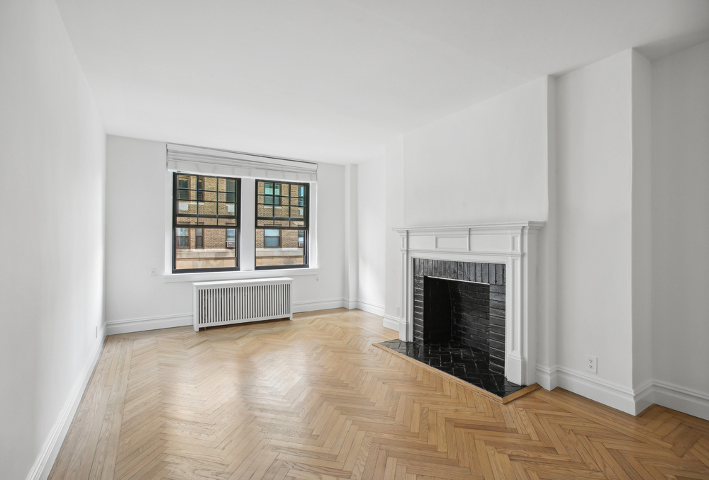 Living room with decorative fireplace
